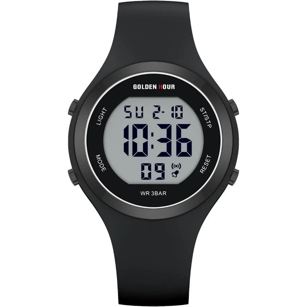 Unisex Black Silicone Digital Sports Water-Resistant Classic Alarm Stopwatch